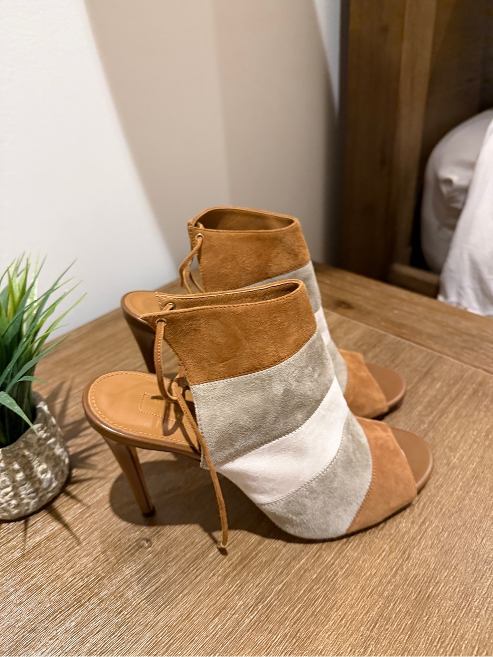 Aquazzura Suede Colorblock Lace-Up Mule Heels in Tan, Gray, White